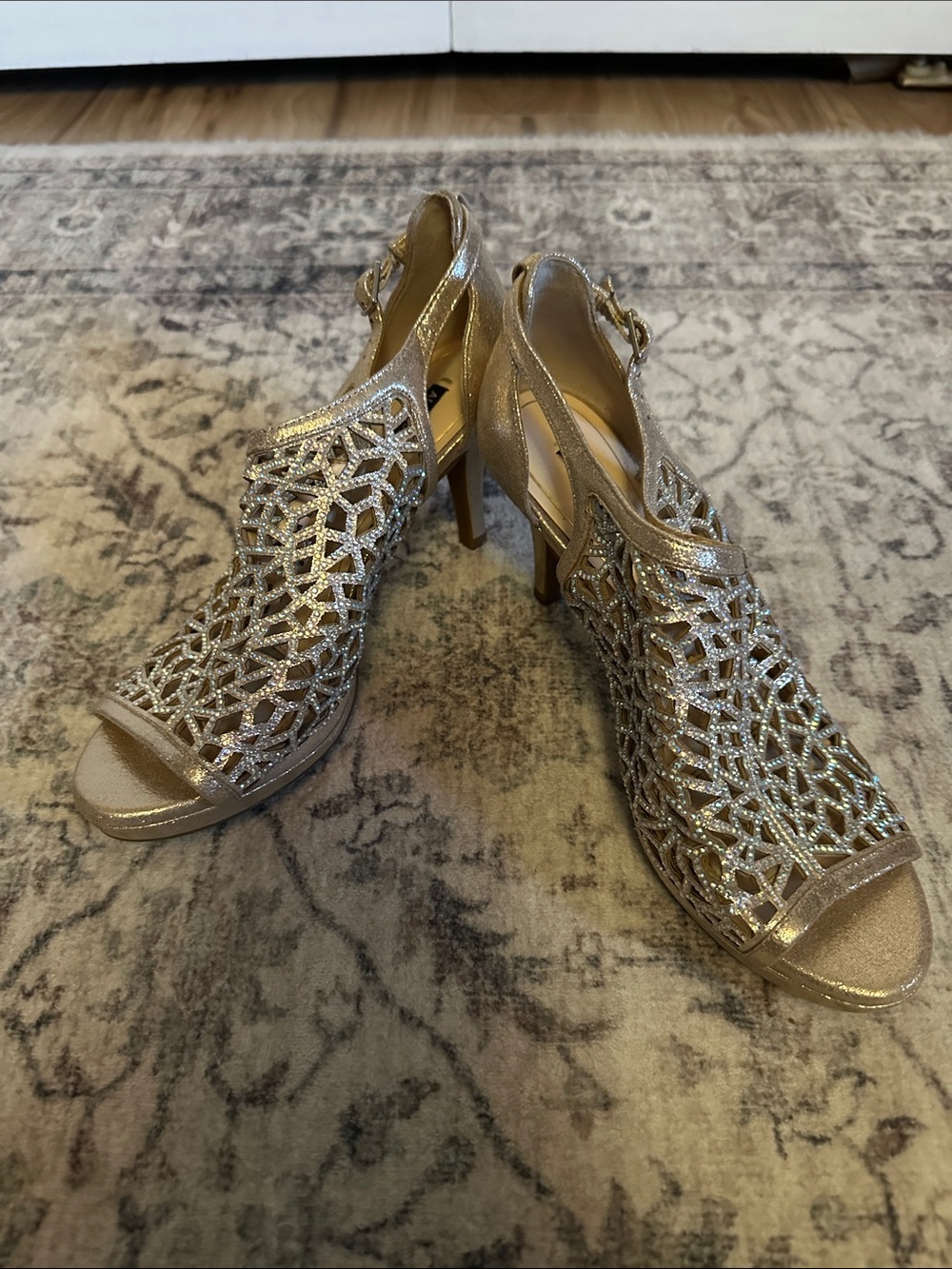 Alex Marie Gold Glitter Crystal Cutout Slingback Heels